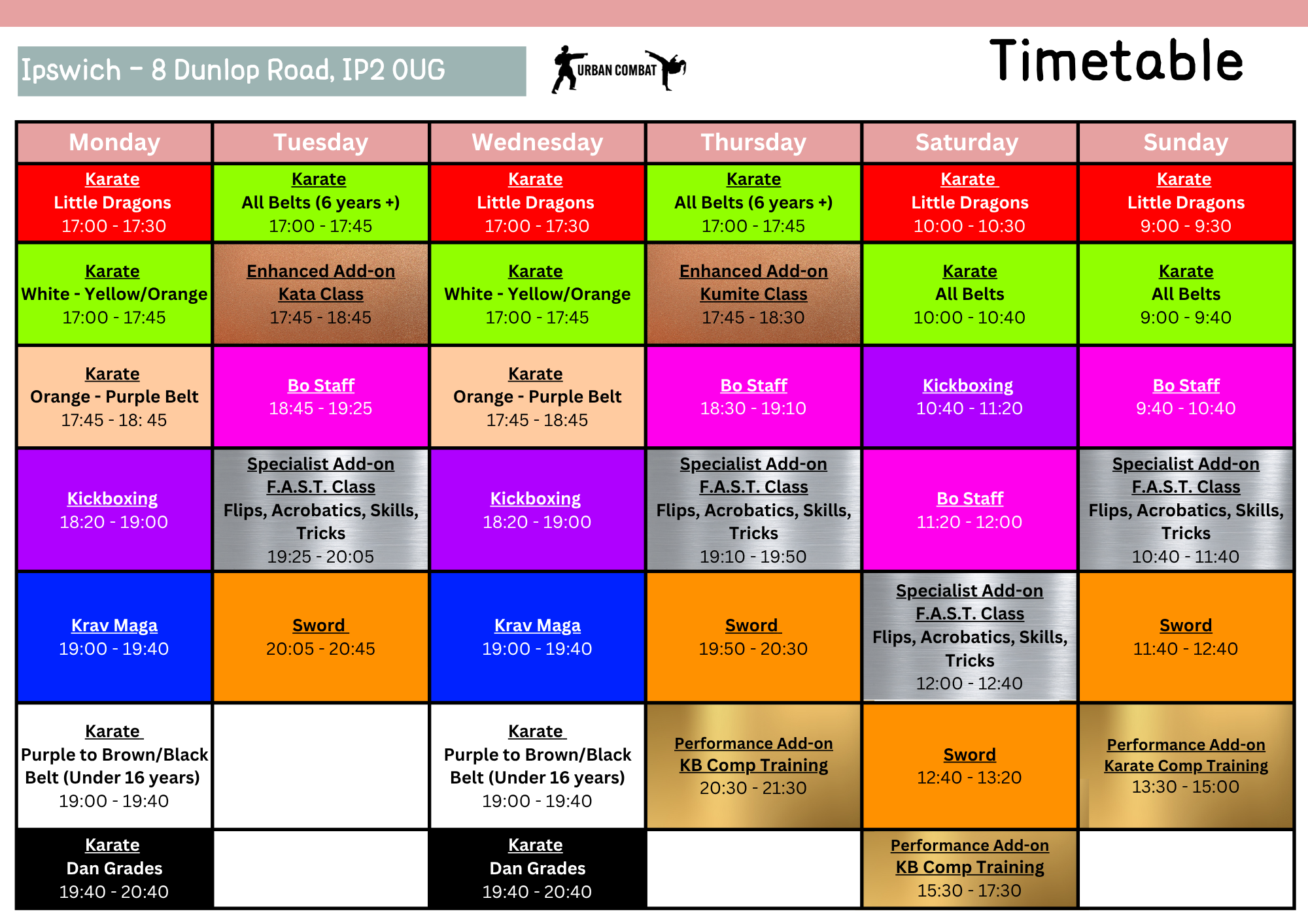 Urban Combat Ipswich class timetable, September 2026