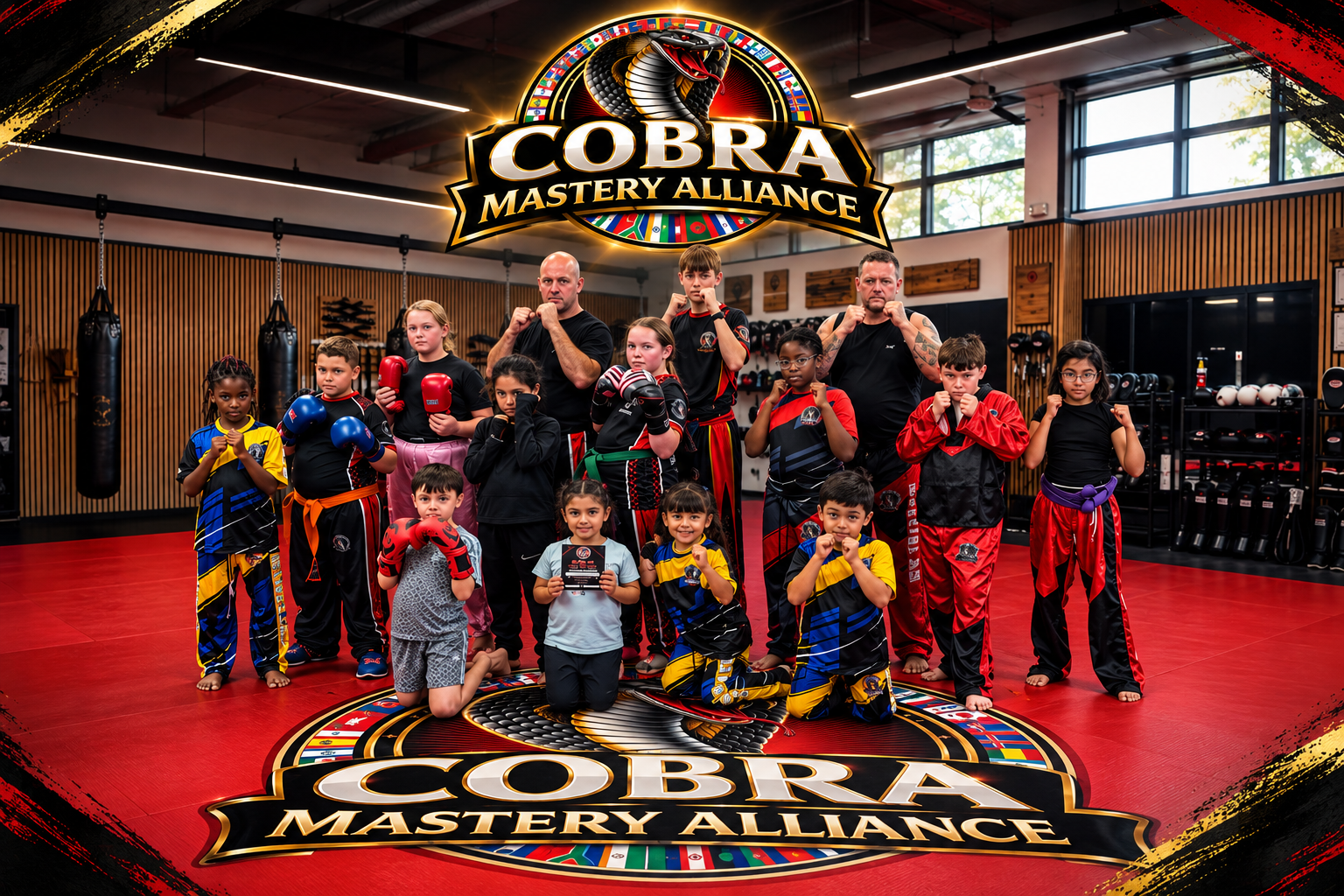 Cobra Mastery Alliance class group on the red mat